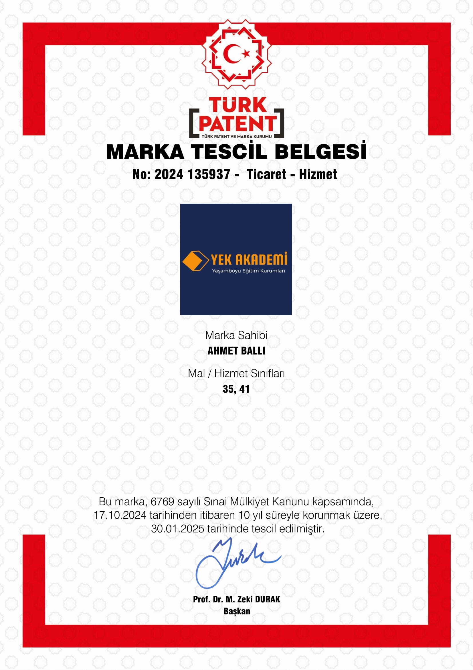 YEK Akademi Türk Patent ve Marka Kurumu Marka Tescil Belgesi